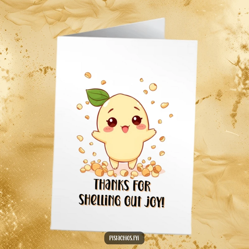 Funny Free Printable Thank You Card: A pistachio character playfully throws confetti shaped like little nuts, a nutty thank you.