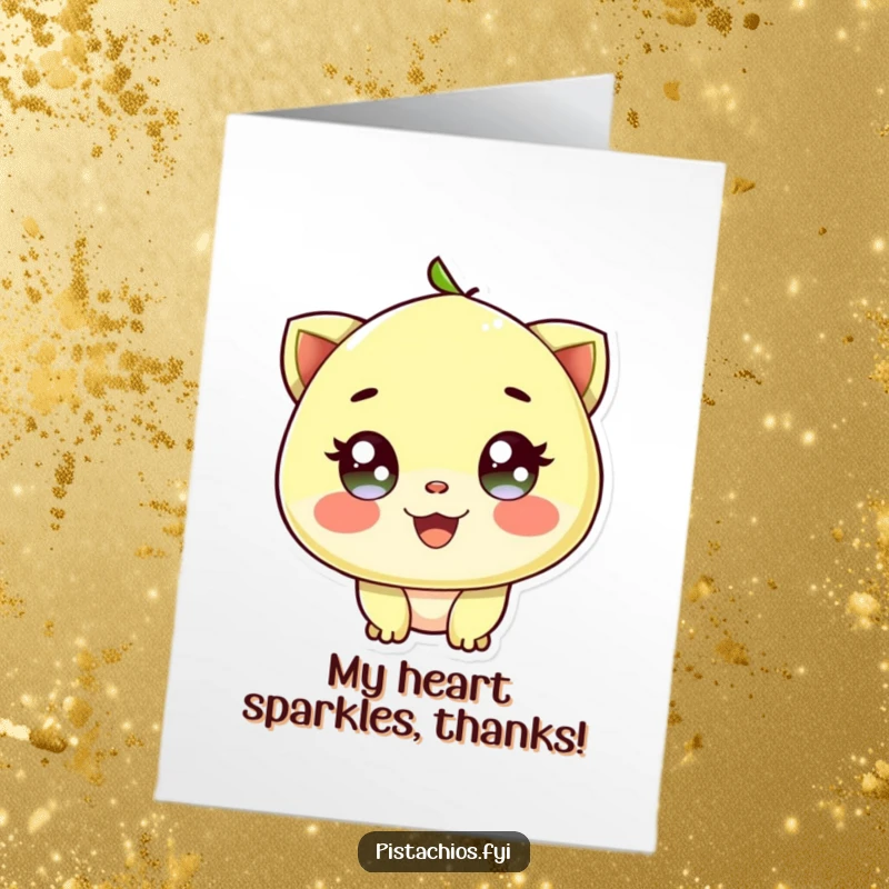 Funny Free Printable Thank You Card: A pistachio character with luminous, sparkling eyes conveying deep gratitude and happiness.