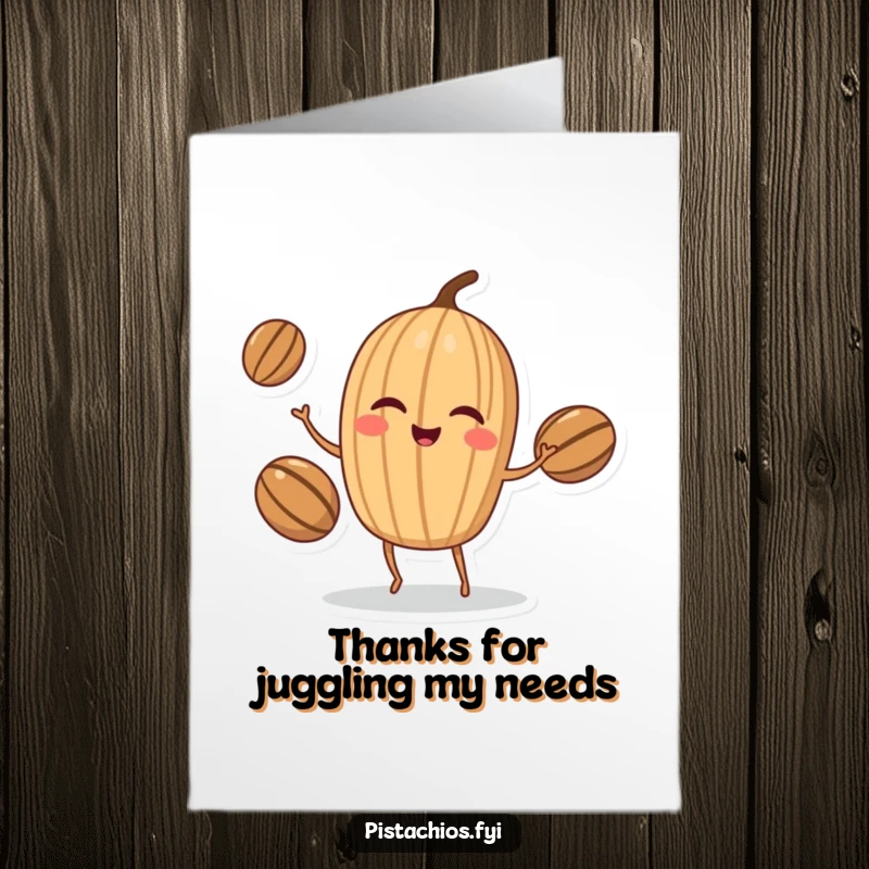 Funny Free Printable Thank You Card: Winking walnut character juggling nuts, a comical downloadable gift to express gratitude.