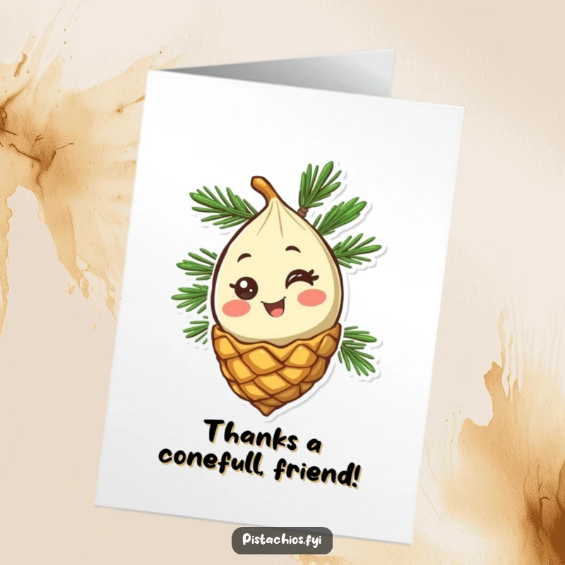 Funny Free Printable Thank You Card: Happy Pine nut winking from its cone, expressing thanks, perfect for DIY gifts.