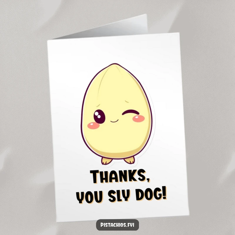 Funny Free Printable Thank You Card: A pistachio character with a charming wink and a subtle grin, expressing thanks.