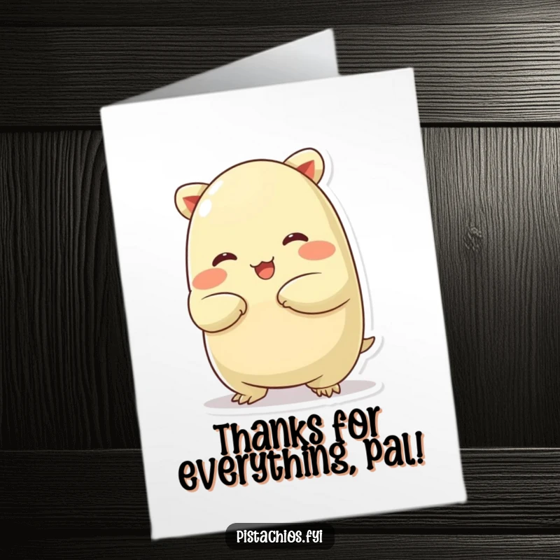Funny Free Printable Thank You Card: A chubby pistachio character doing a funny, exaggerated stretch, conveying thanks in a lighthearted, relatable way.