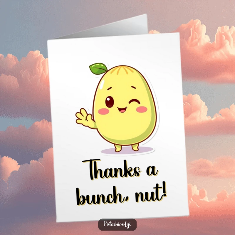 Funny Free Printable Thank You Card featuring a friendly pistachio character waving, expressing nutty gratitude with humor.