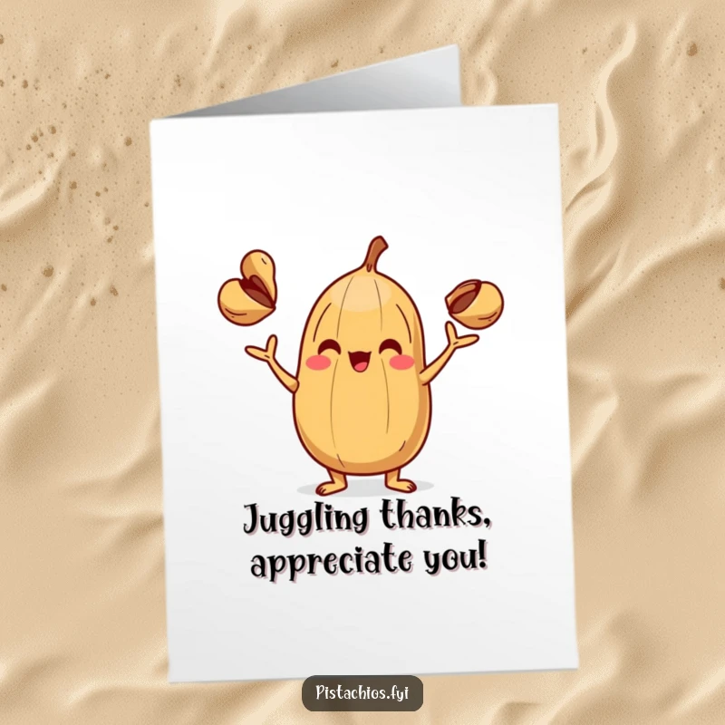 Funny Free Printable Thank You Card: A playful nut character juggling shells, expressing downloadable thanks with humor.