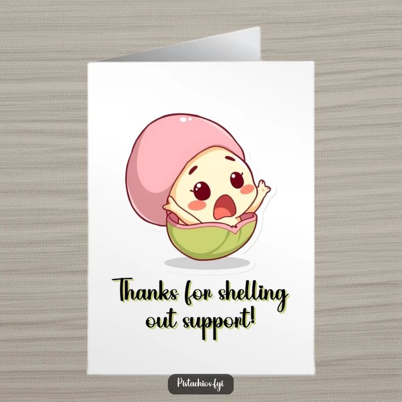 Funny free printable thank you card showing a pistachio character looking completely shocked, a delightful downloadable expression of gratitude.