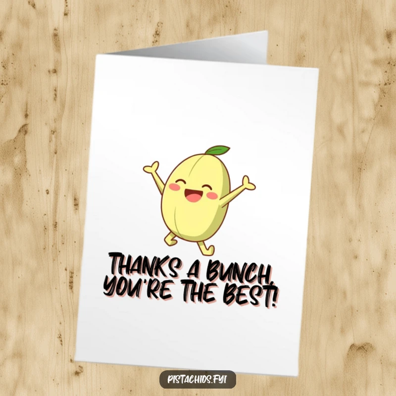 Funny Free Printable Thank You Card: A cheerful pistachio character leaping with gratitude, perfect for a heartfelt downloadable message.