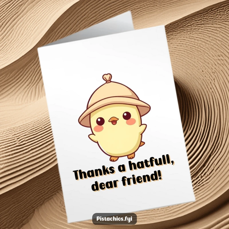 Funny Free Printable Thank You Card: A pistachio character wearing a miniature hat, conveying thanks with a touch of whimsy.