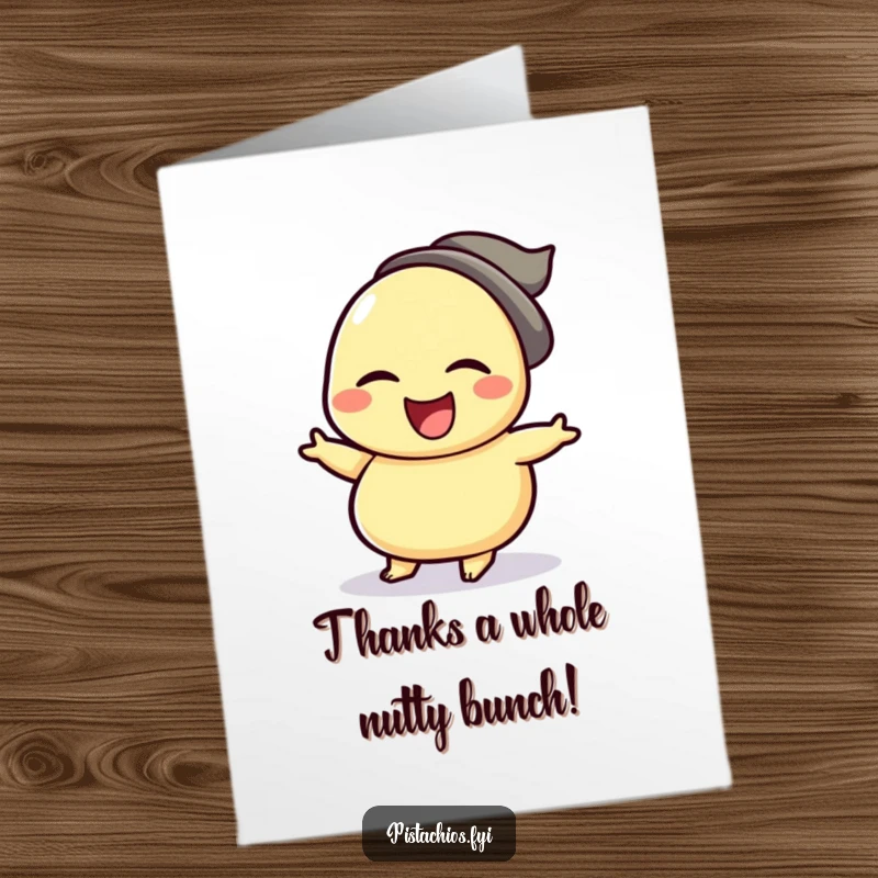 Funny Free Printable Thank You Card: Winking cashew nut character doing a happy jig to express thanks. A downloadable gesture of gratitude.