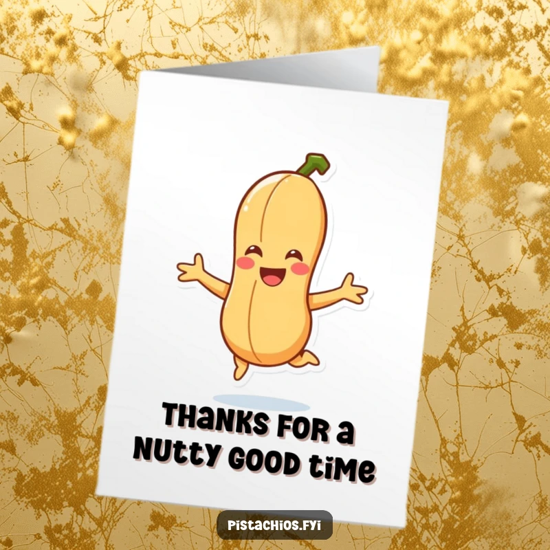 Funny Free Printable Thank You Card: Smiling peanut character jumping, expressing thanks, print at home.