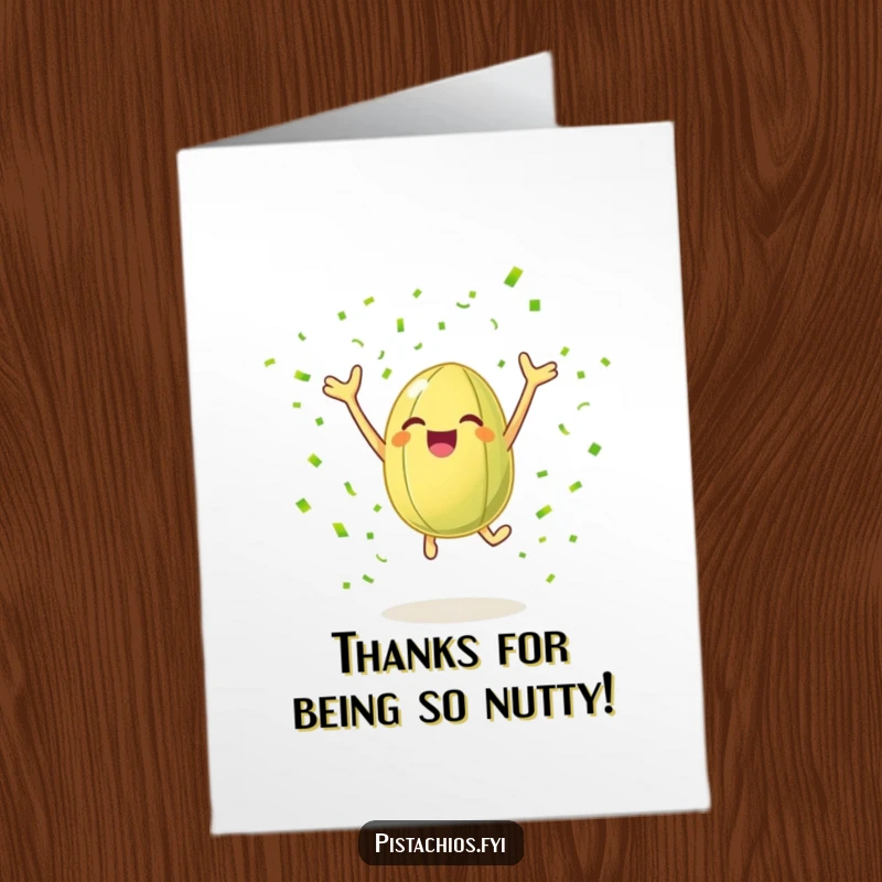 Funny Free Printable thank you card featuring a cheerful pistachio nut leaping with joy, surrounded by a shower of green confetti.