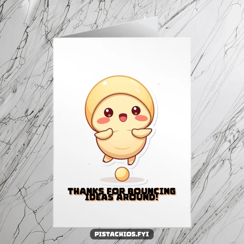Funny Free Printable Thank You Card: A pistachio character happily bounces a tiny ball using its shell, a playful thank you.