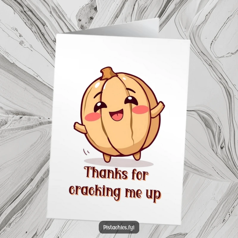 Free printable thank you card: A giggling walnut character rolls around joyfully, expressing a fun and thankful spirit.