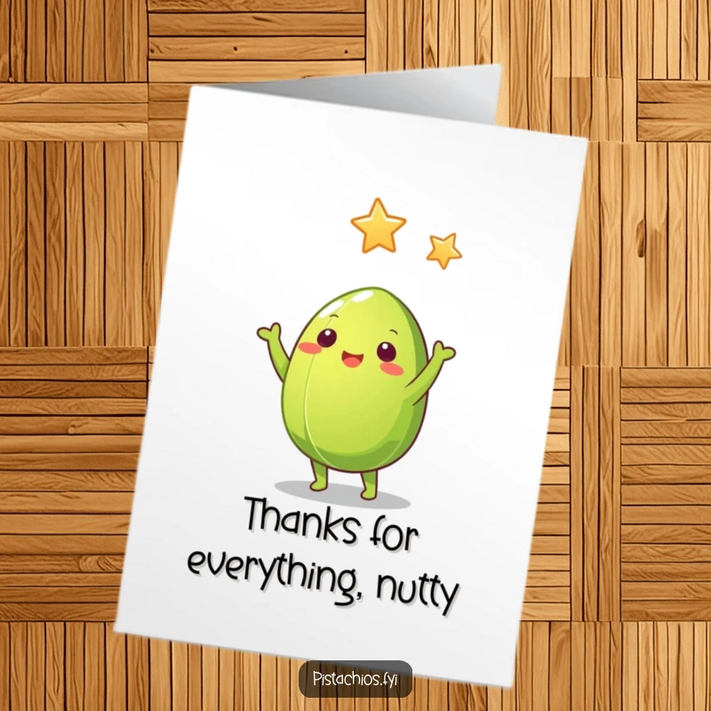 Funny Free Printable Thank You Card: Green pistachio nut with arms reaching for stars, expressing gratitude humorously.