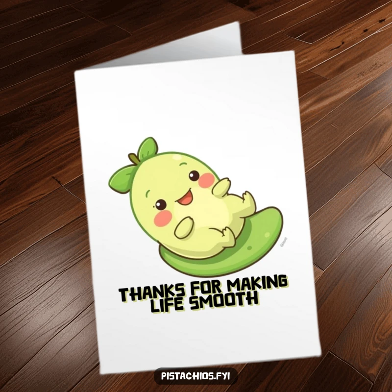 Funny Free Printable Thank You Card: A pistachio character taking a gleeful slide, expressing thanks with joyful motion.