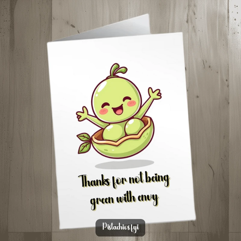 Funny Free Printable Thank You Card showing a cheerful pea character joyfully bouncing in its pod, a cute way to say thanks.