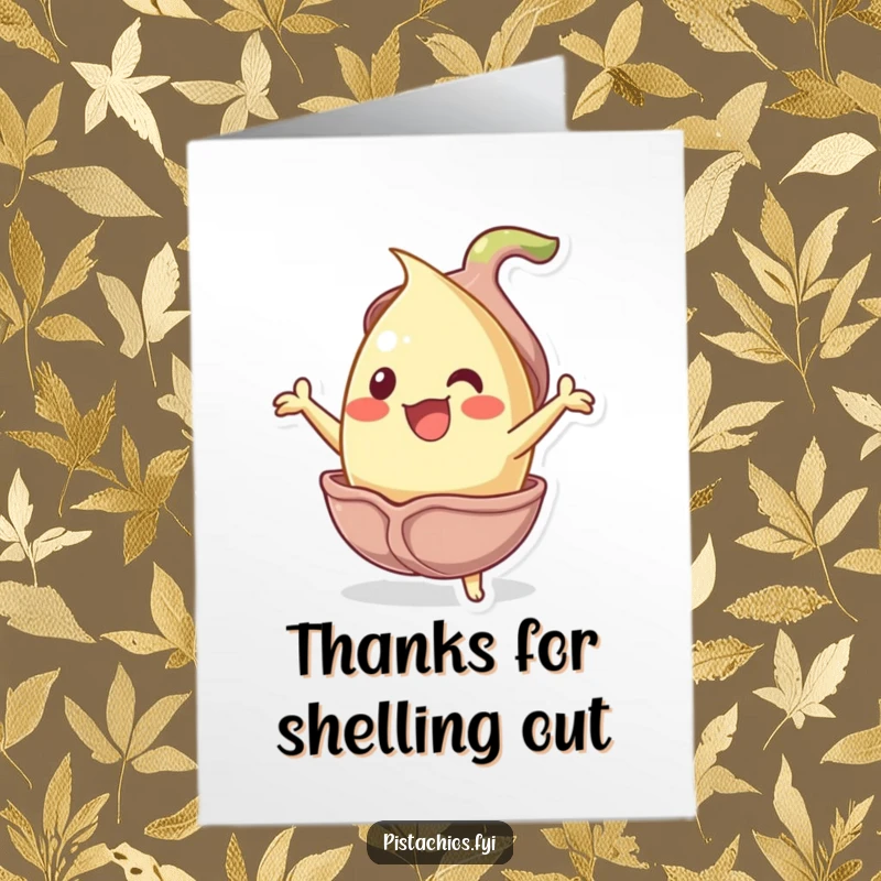 Funny Free Printable Thank You Card: Jubilant pistachio nut bursting from shell, expressing thanks, print at home.