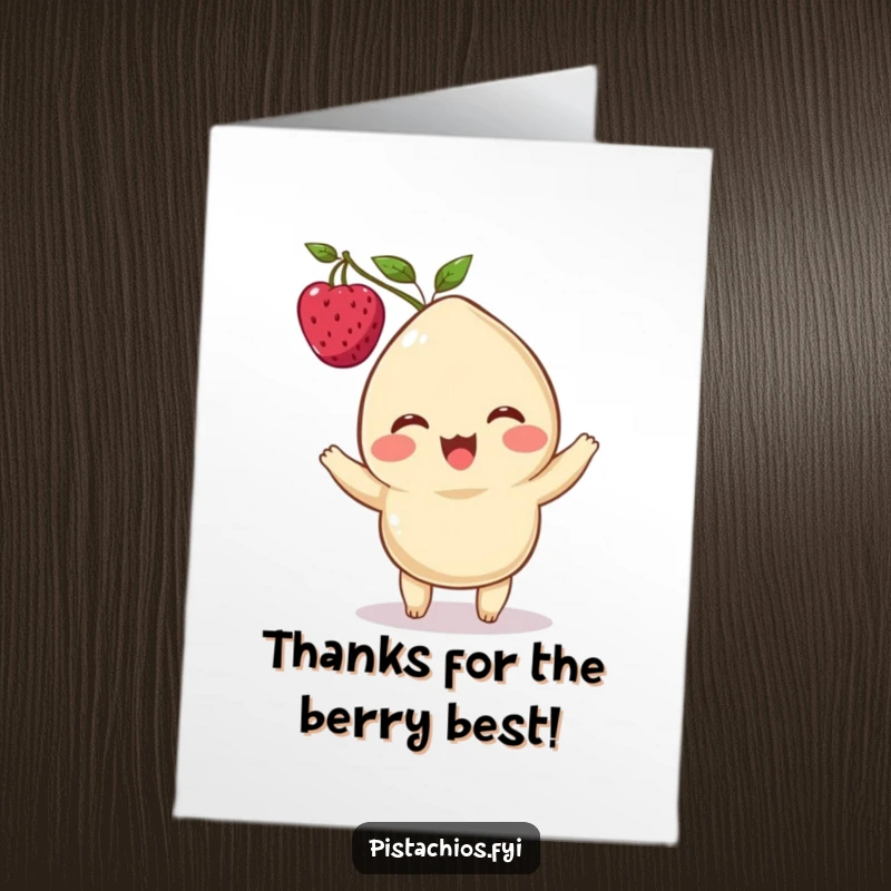 Funny Free Printable Thank You Card: Delighted Cashew character balancing a berry on its head to express gratitude.