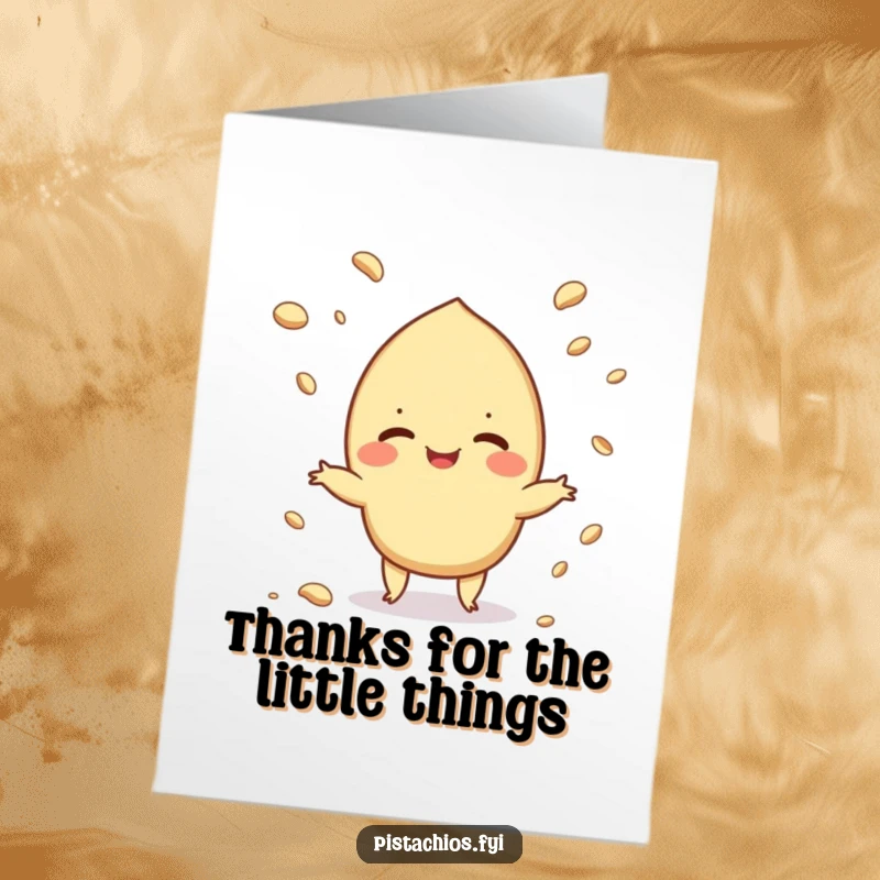 Funny Free Printable Thank You card featuring a giggling pistachio character juggling tiny crumbs with glee.