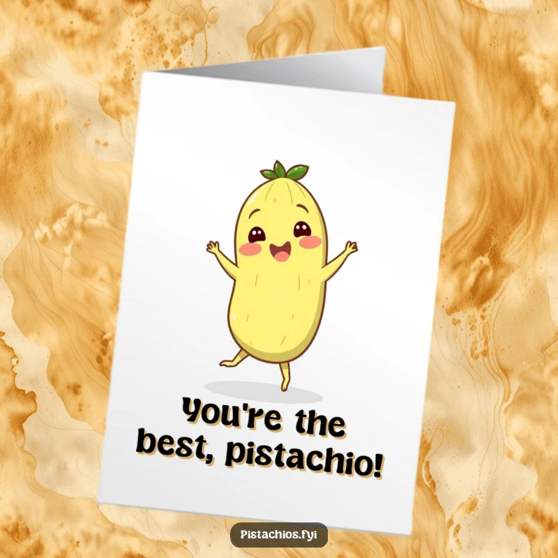 Funny free printable thank you card of a cheerful pistachio character performing a happy, silly jig as a thank you.