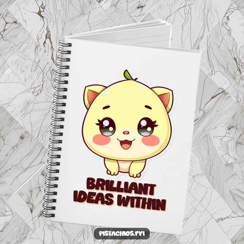 Funny notebook with a delighted pistachio character with sparkling eyes, perfect for jotting down joyful nutty thoughts.