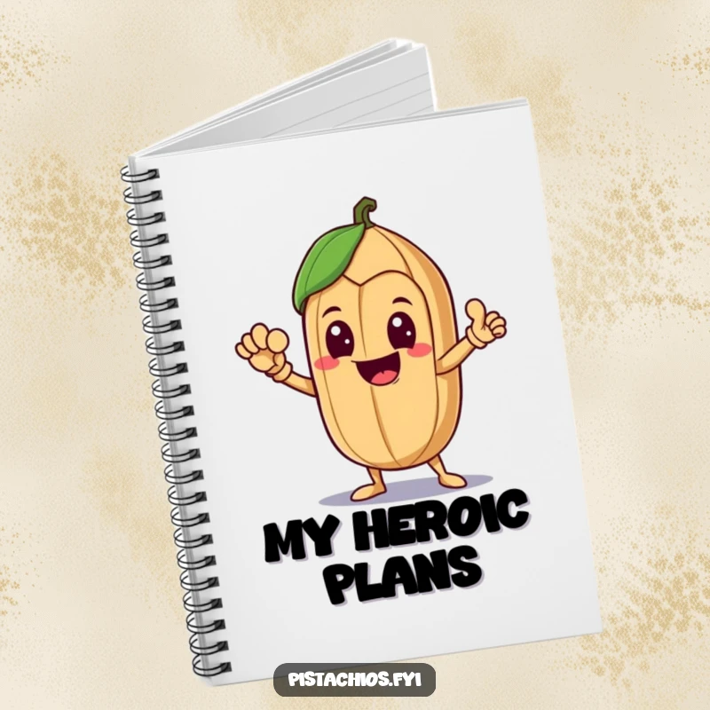 Funny Notebook featuring a delighted Brazil nut character in a heroic pose, inspiring grand ideas and witty observations.