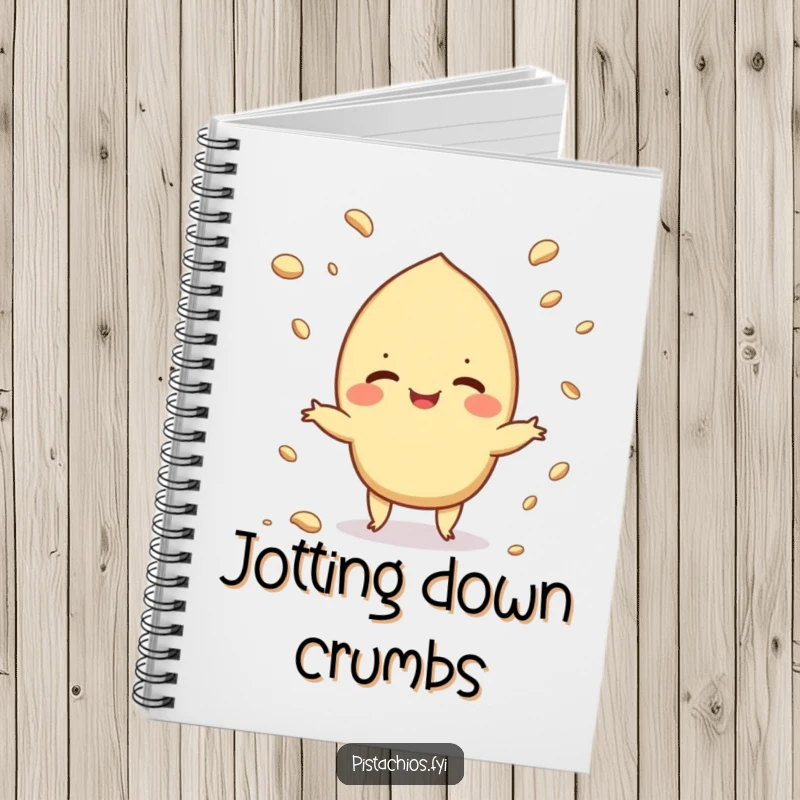 Funny notebook featuring a pistachio juggling crumbs, ideal for writing, drawing, or journaling with a humorous twist.
