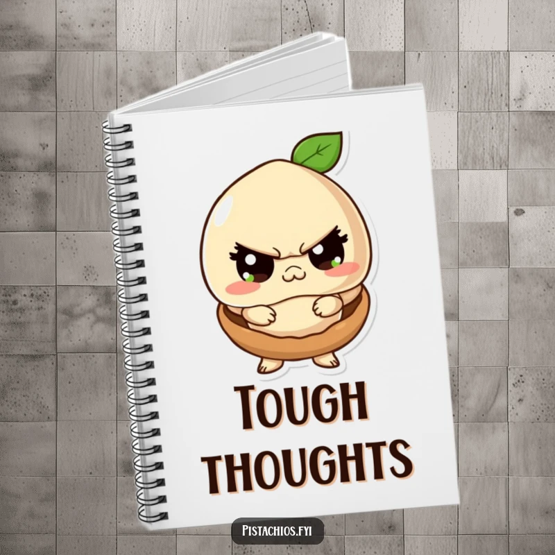 Funny notebook featuring a macadamia nut character projecting toughness from within its small shell, inspiring bold notes and nutty ideas.