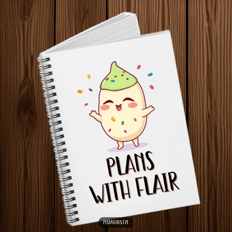 Funny pistachio notebook with a winking character juggling sprinkles, designed for writing with playful humor. A perfect funny gift.