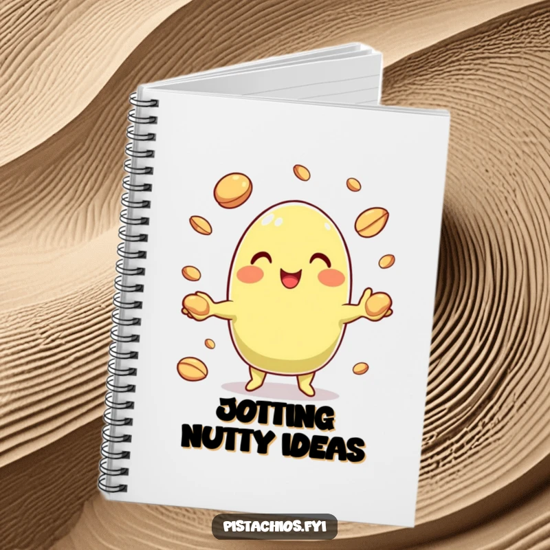 Funny Pistachio Notebook featuring a cheerful character juggling nut shells, ideal for jotting notes with humor.