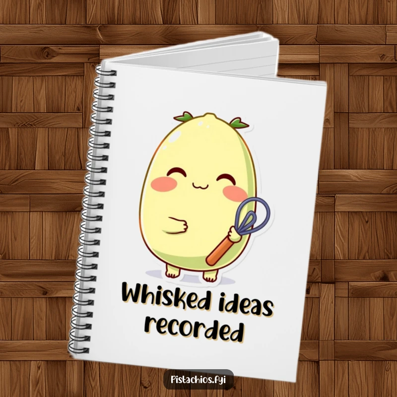 Funny, cheerful pistachio character with rosy cheeks and a small whisk on a notebook, ideal for recipe writing.