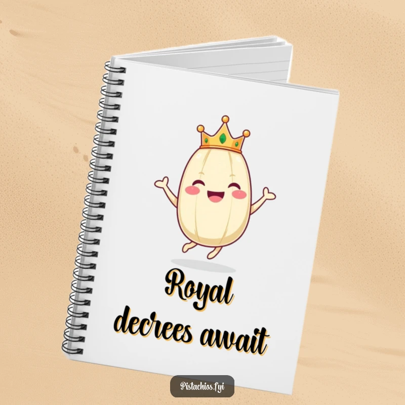 Funny notebook cover with a happy pistachio character in a tiny crown, joyfully hopping and ready to inspire writing.