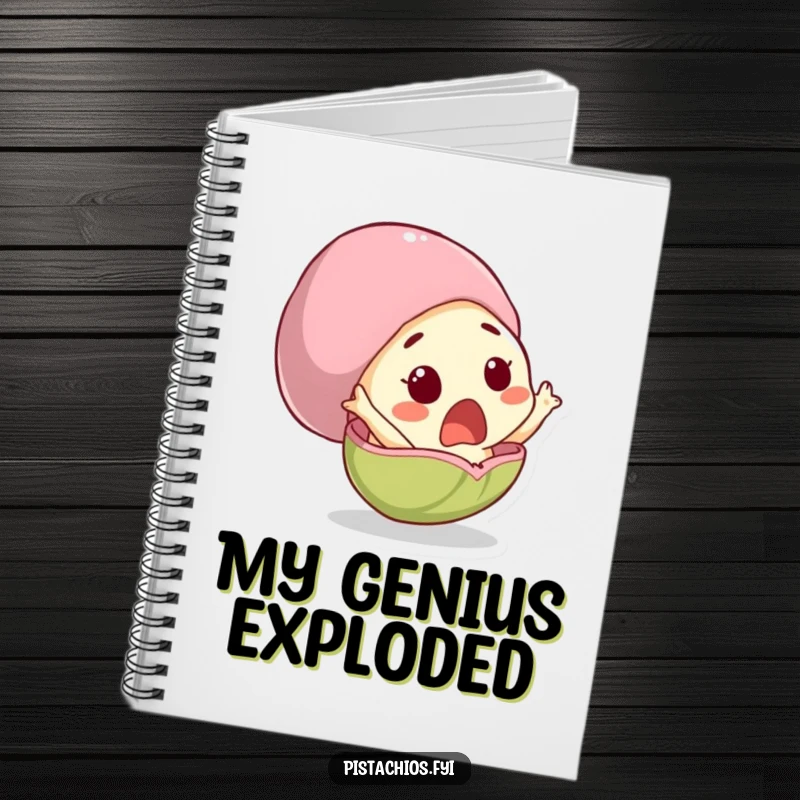 Funny notebook with a surprised pistachio character comically jumping out of its shell, perfect for journaling and notes.