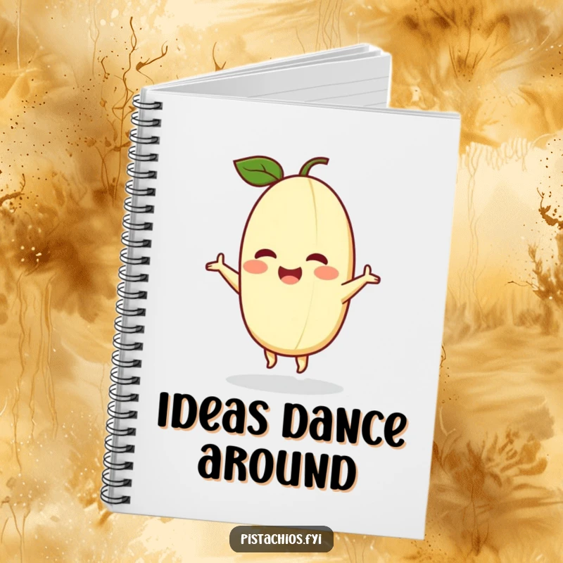 Funny notebook with a delighted pistachio character in a happy dance, ideal for jotting down ideas with a joyful spirit.