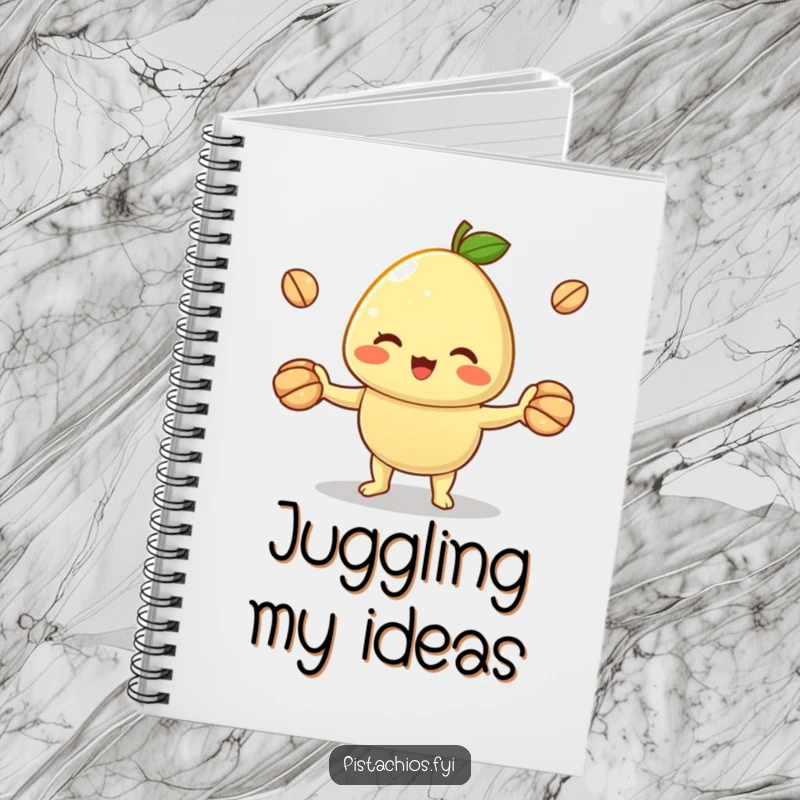 Funny notebook with a cheerful pistachio character juggling shells. This humorous journal is perfect for capturing creative ideas with a touch of flair.