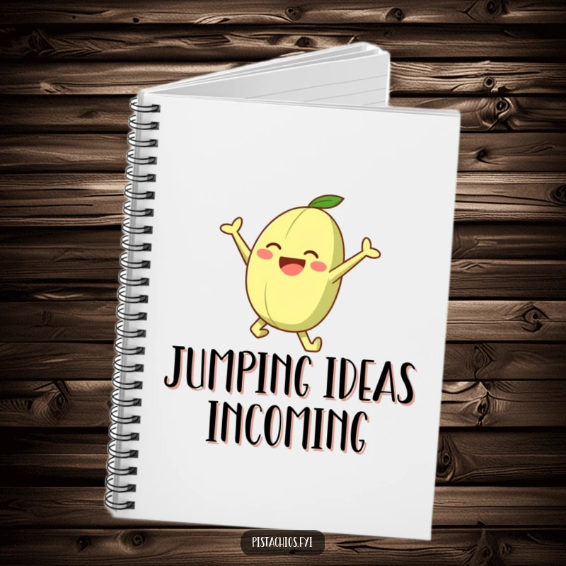 Funny notebook with a joyful pistachio character in a leaping pose, designed for capturing ideas with nutty enthusiasm.