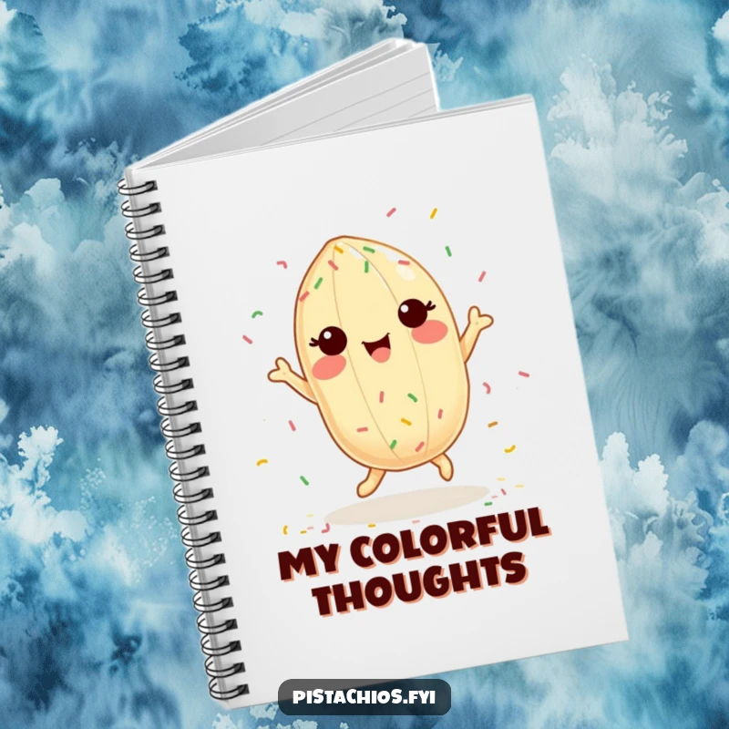 Funny notebook cover showing a delighted pistachio character dancing with colorful sprinkles, inspiring happy entries.