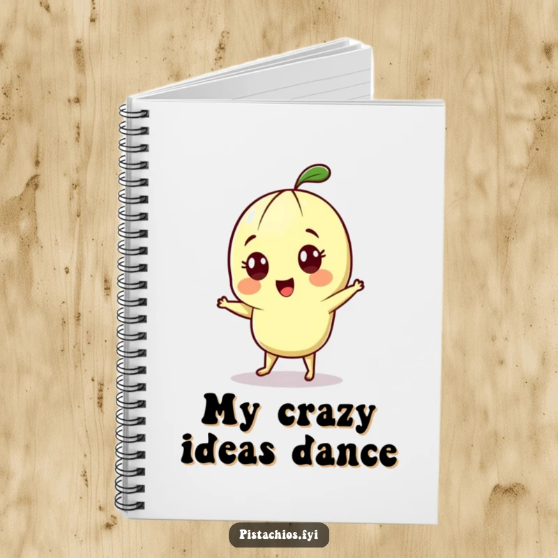 Funny notebook cover shows a cheerful pistachio character with wide eyes, enthusiastically performing a little dance.