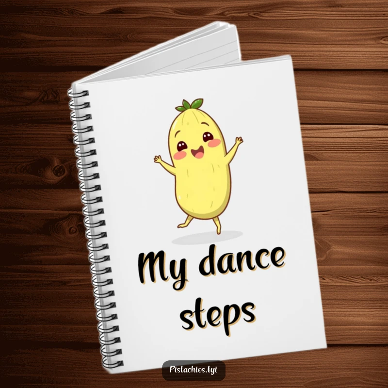 Funny notebook illustrating a cheerful pistachio character doing a silly jig, ideal for note-taking and journaling.