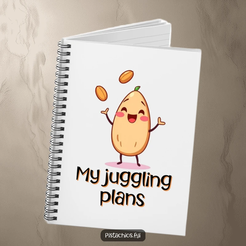 Funny almond character juggling nuts, ideal for notes and creative ideas, a cute notebook cover.