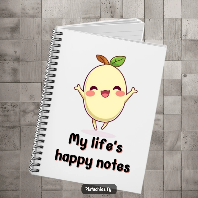 Funny notebook featuring a pistachio dancing, ideal for writing, drawing, or journaling with a joyful, humorous theme.