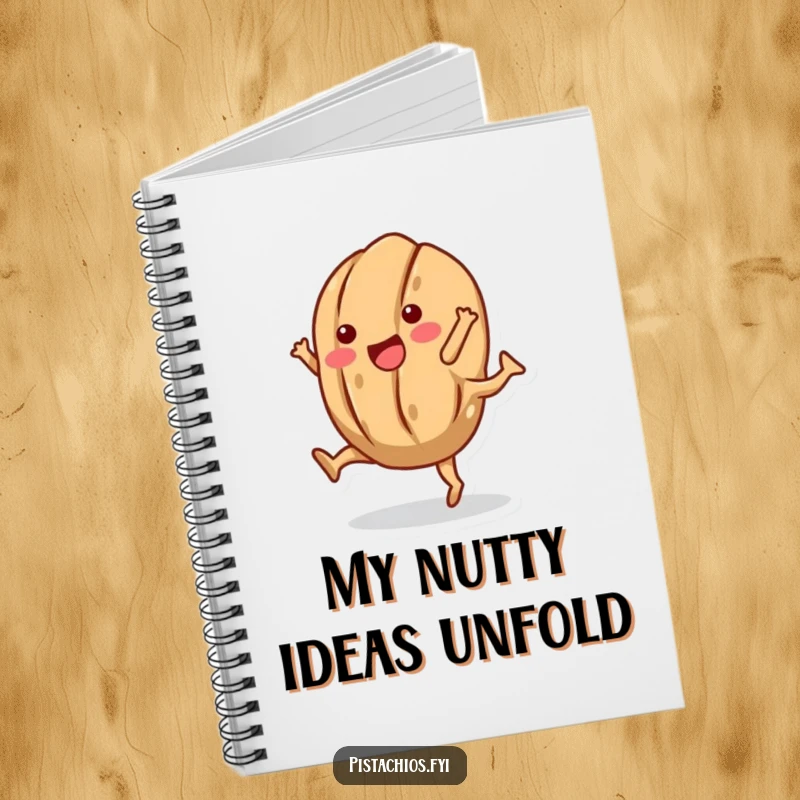 Funny notebook cover with a playful walnut character doing a cartwheel, shell intact, inspiring creativity and laughter.