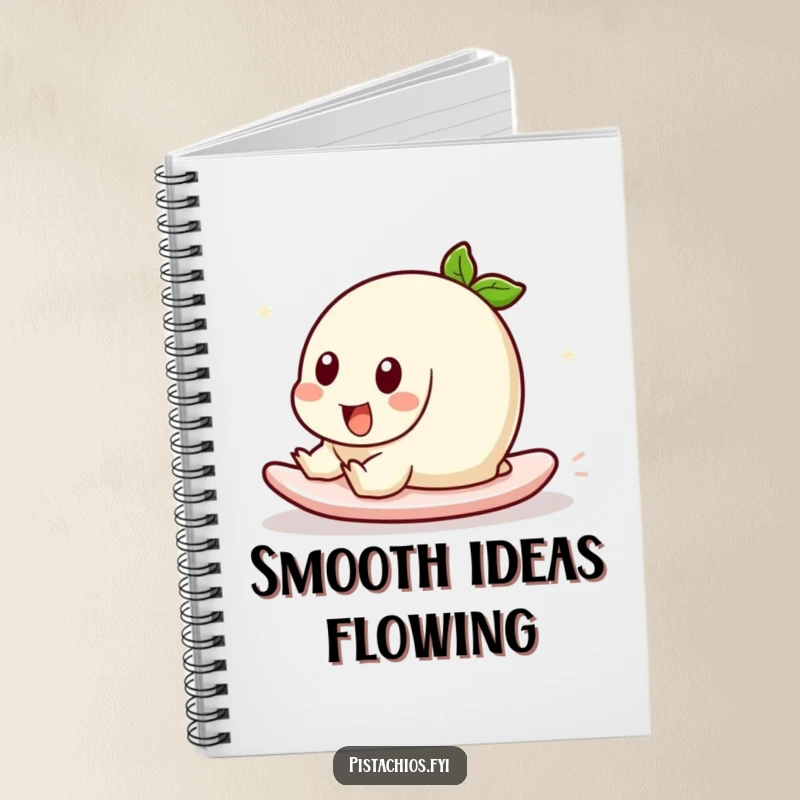 Funny notebook with a pistachio character playfully sliding. This humorous journal is perfect for capturing creative ideas with a fun, energetic flair.