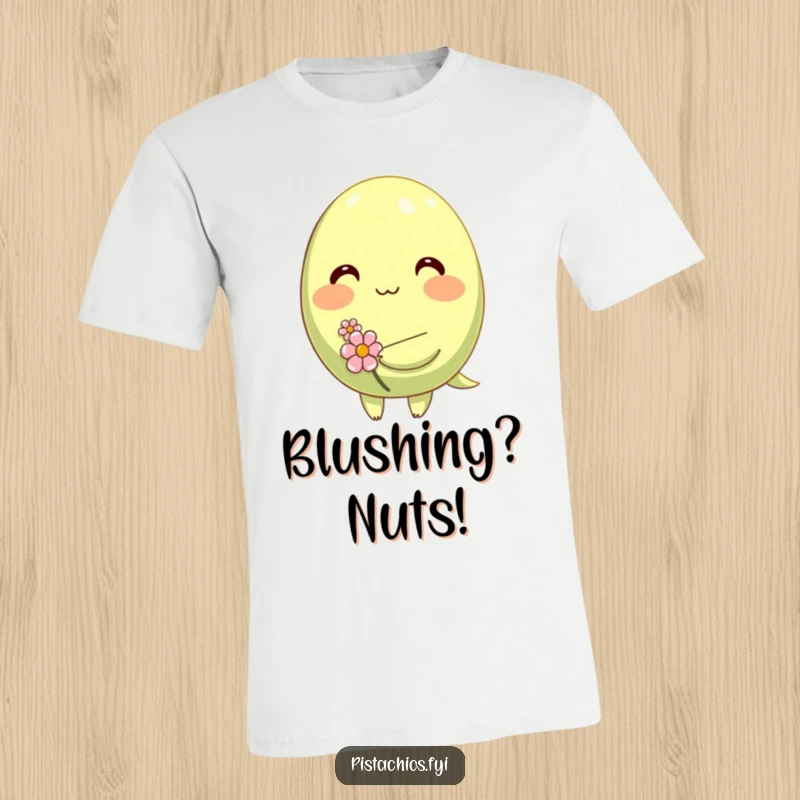 Funny t-shirt with a shy, blushing pistachio character tenderly holding a single tiny flower, expressing cute, bashful humor.
