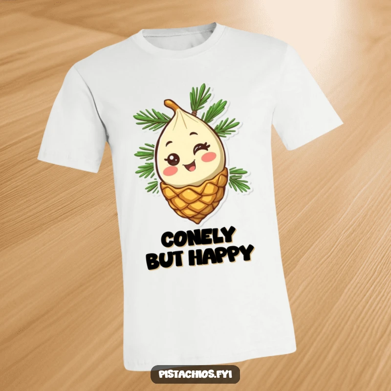 Funny Pine Nut T-Shirt: A cheerful pine nut character winking from its cone, showcasing a fun and humorous graphic design.