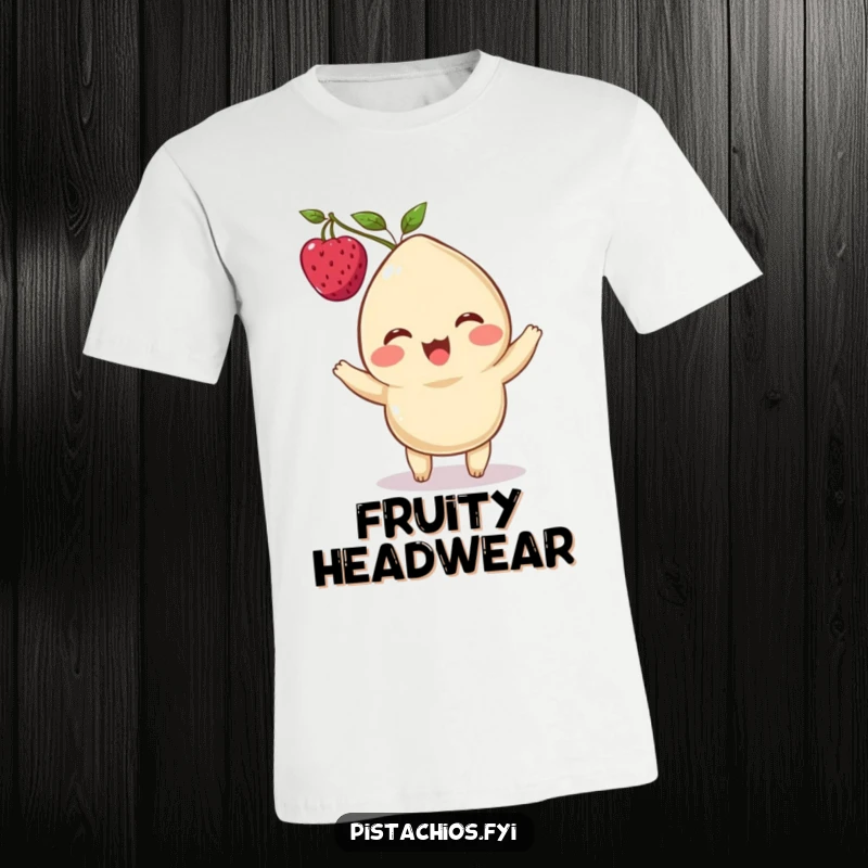 Funny t-shirt depicting a delighted cashew character expertly balancing a single berry on its head, showcasing playful concentration.