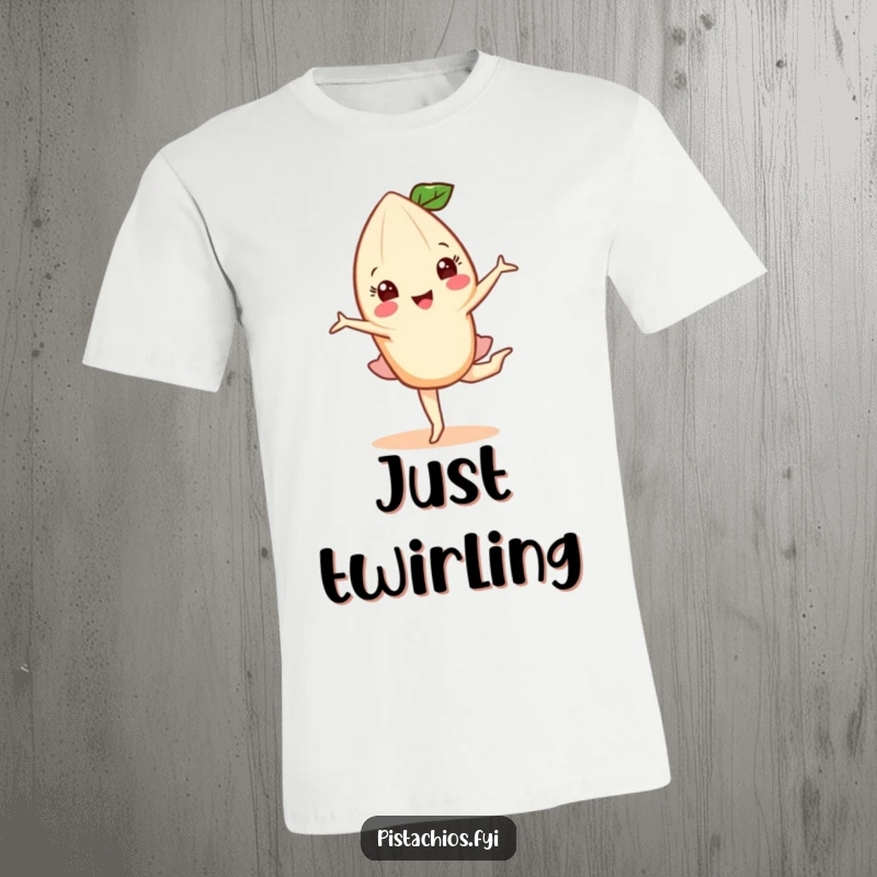Funny t-shirt featuring a happy almond character in the midst of a graceful pirouette, showcasing nutty athleticism and charm.