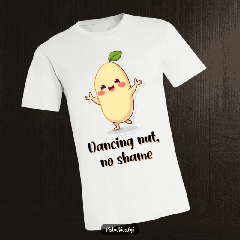 Funny T-Shirt: Cheerful cashew character in mid-silly dance, depicting a joyful and energetic moment of nutty fun for all.