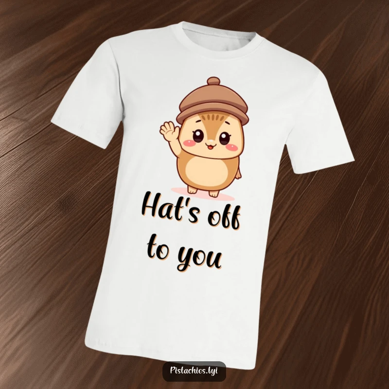 Funny T-Shirt featuring a cheerful hazelnut character sporting a tiny hat and a friendly wave, exuding pure happiness and playful charm.