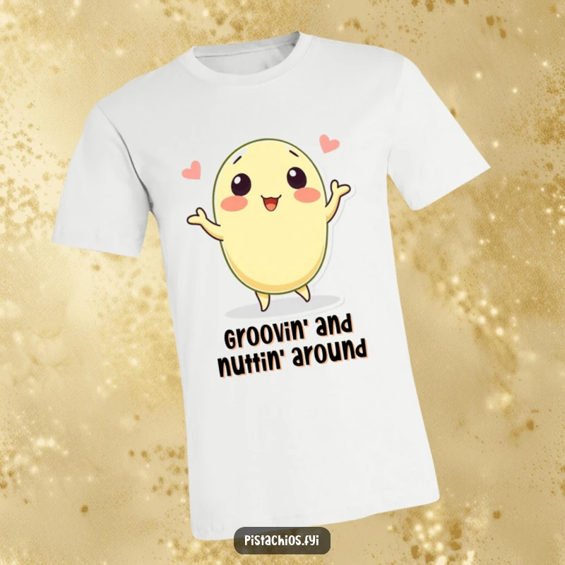 Funny T-Shirt featuring a jubilant pistachio character mid-dance. This apparel is designed for laughter and expresses pure, unadulterated joy.