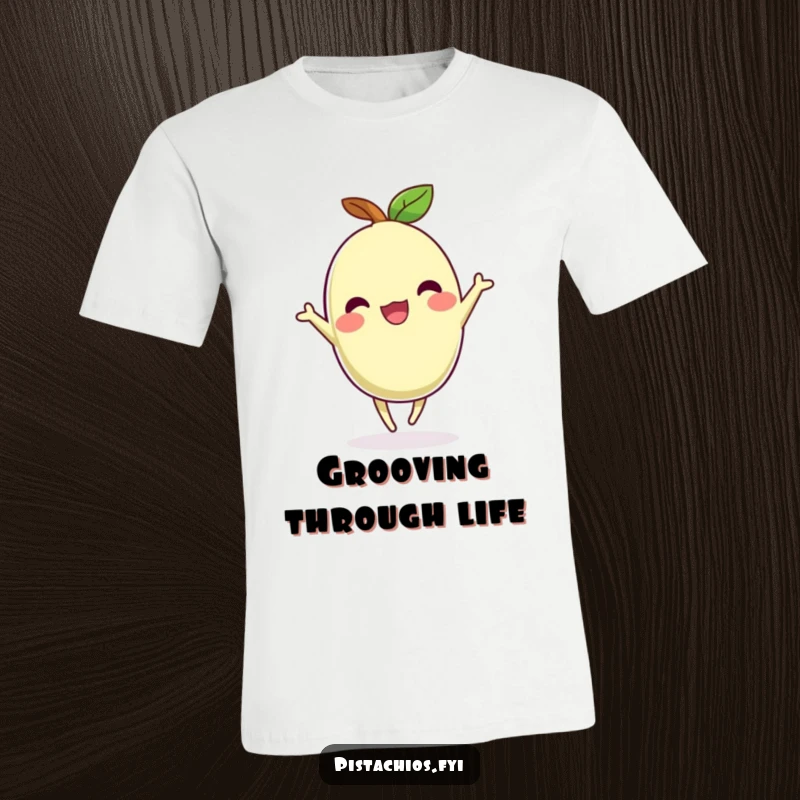 Funny t-shirt featuring a pistachio character doing a happy dance, embodying pure joy and movement.